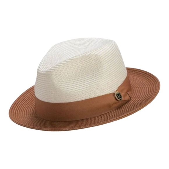 MONTIQUE COGNAC TWO-TONE WIDE BRIM W/MATCHING GROSGRAIN RIBBON STRAW FEDORA. H47 - Picture 2 of 2